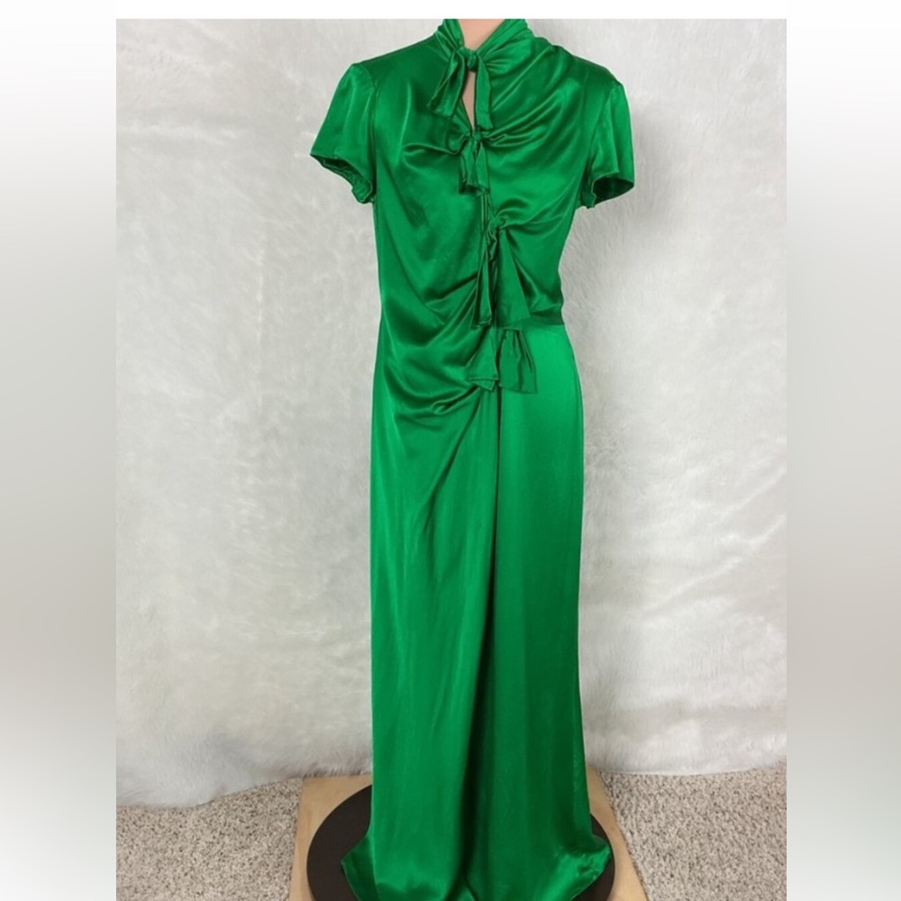 Saloni Kelly Bow Maxi Dress Emerald Green Silk Satin US 12